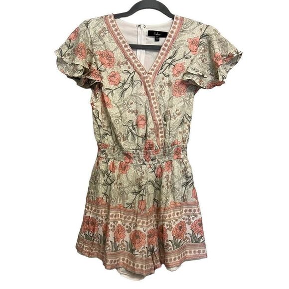 Lulus Pants - Lulus Making an Impression Cream Multi Print Flutter Sleeve Floral Romper Size X